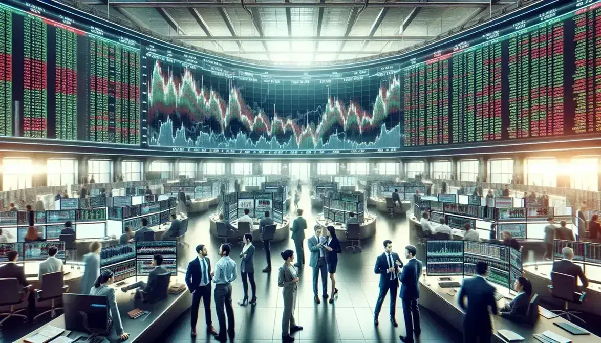 Diverse traders actively gesturing on a busy stock exchange floor with a blurred digital ticker and desks with indistinct financial charts.