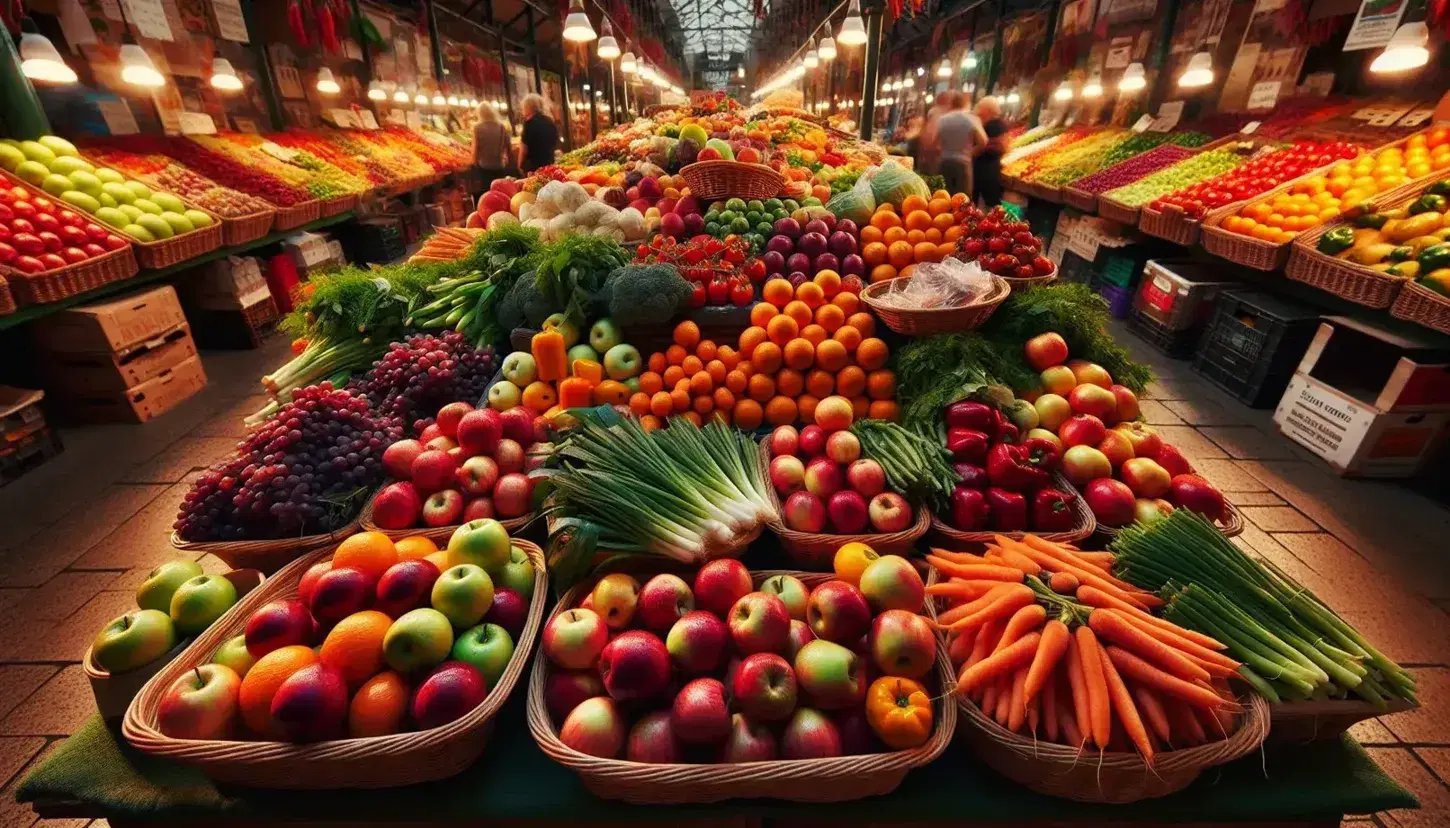 Frutas y verduras frescas en mercado, con manzanas, naranjas, uvas, zanahorias, pimientos y tomates organizados en canastas, bajo una iluminación natural.