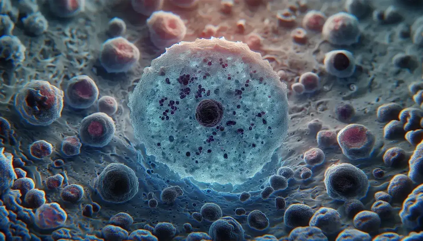 Vista microscópica de células humanas destacando un linfocito con membrana irregular y núcleo prominente, rodeado de células inmunitarias menores en tonos azules y rosas.