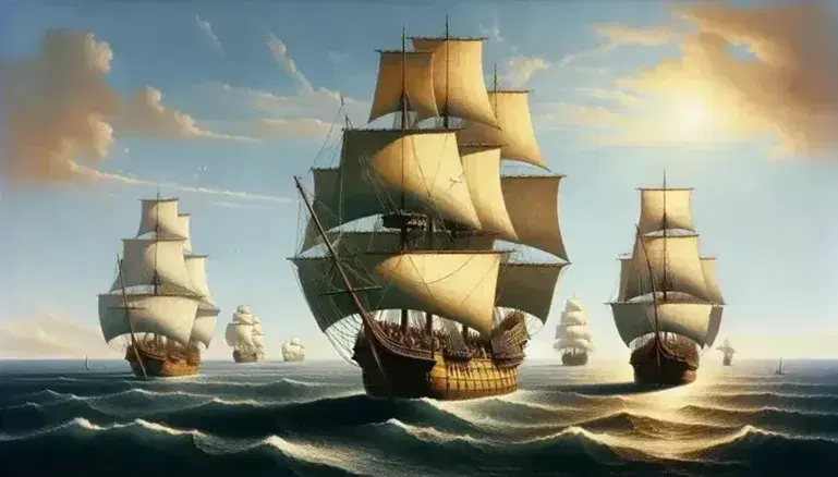 Three caravels sail across the open sea during the Age of Discovery, white sails blowing under a clear sky.