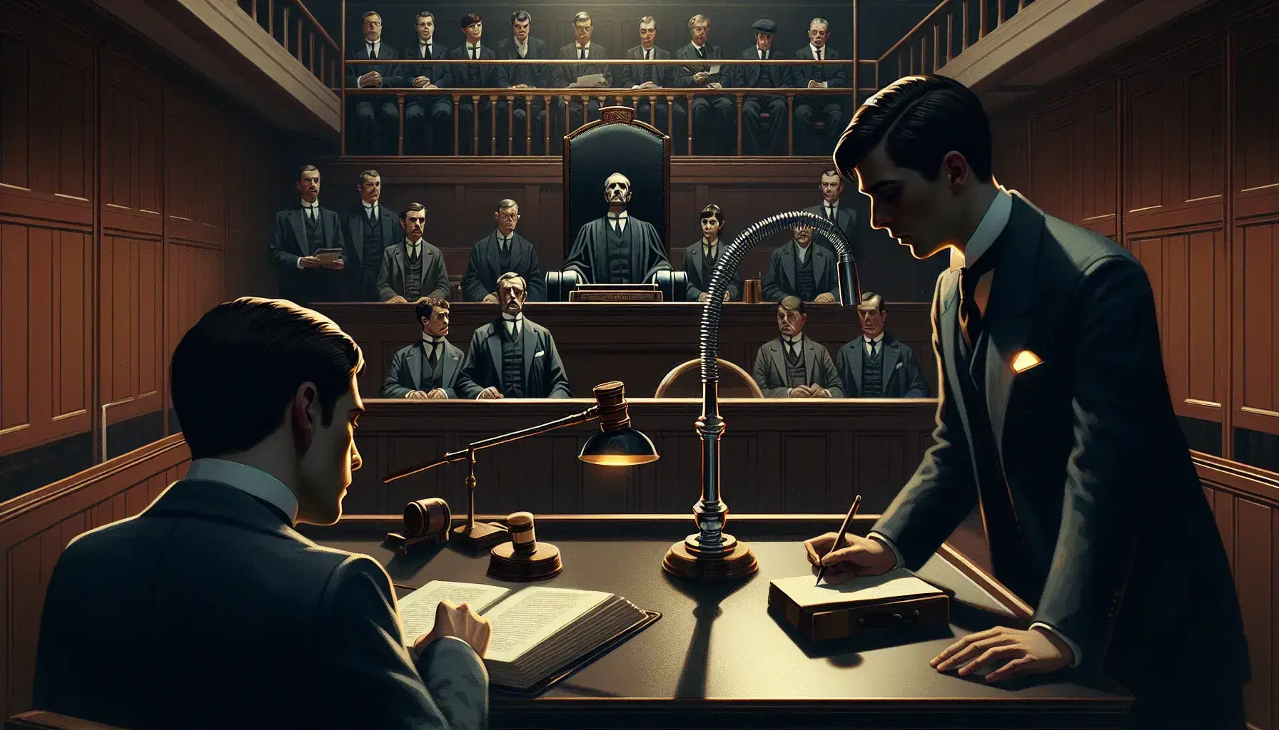 Escena de juicio en sala de tribunal con dos personas sentadas en mesa central frente a micrófono, una tomando notas y otra revisando documento, juez observando desde estrado con martillo de madera y público presente en sillas alineadas.