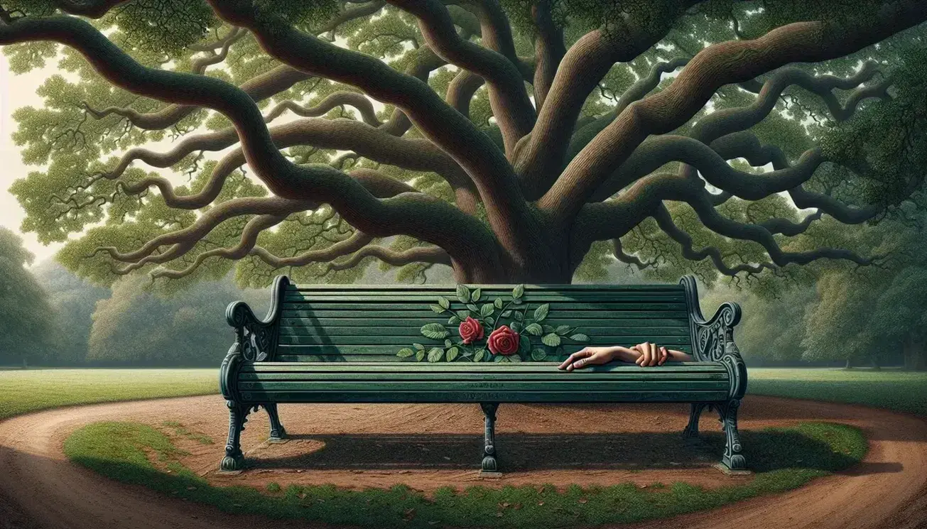 Tranquil park scene with a weathered green wooden bench under an oak tree, a pair of relaxed hands on the armrest, and a vibrant red rose on the seat.