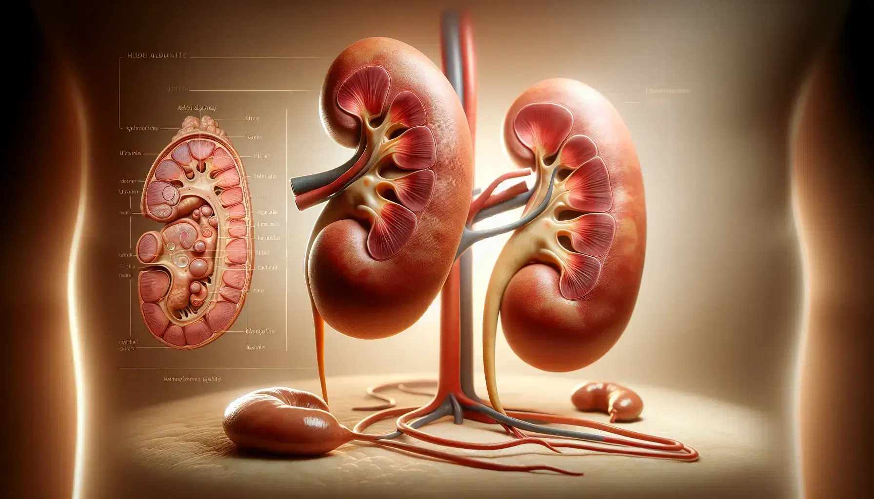 Riñones humanos realistas con uno seccionado mostrando corteza y médula renal, pelvis renal y glándulas suprarrenales superiores.