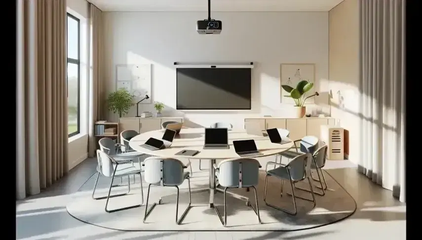 Aula moderna y luminosa con mesa redonda, sillas ergonómicas azules, dispositivos electrónicos, pizarra blanca, proyector y planta verde.