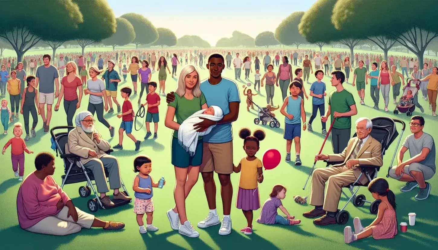 Lively park with different people: couple with baby and little girl with balloon, Asian teenagers chatting, African elders on bench.