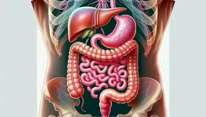 Sistema digestivo humano detallado con esófago, estómago, intestinos delgado y grueso, hígado, vesícula biliar y páncreas en cuerpo transparente.