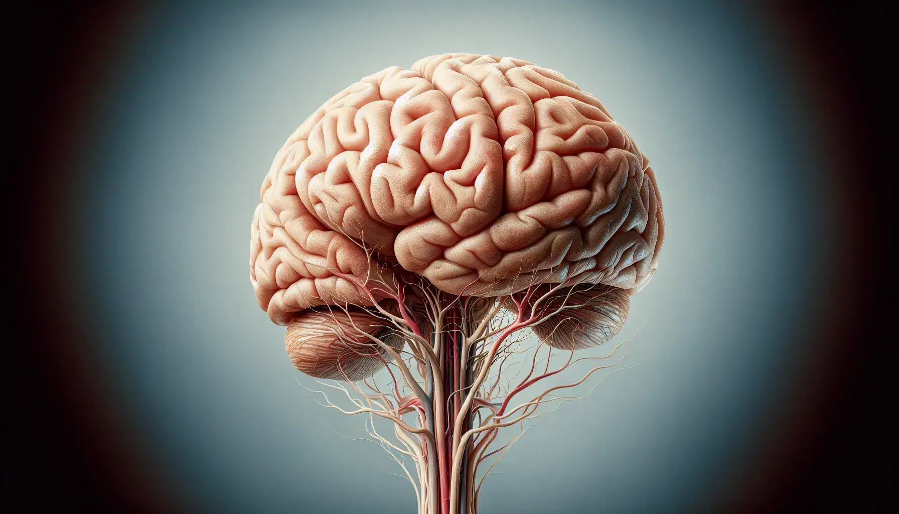 Detailed lateral view of a human brain showing cerebral cortex folds and underlying autonomic nervous system branches on a soft blue background.