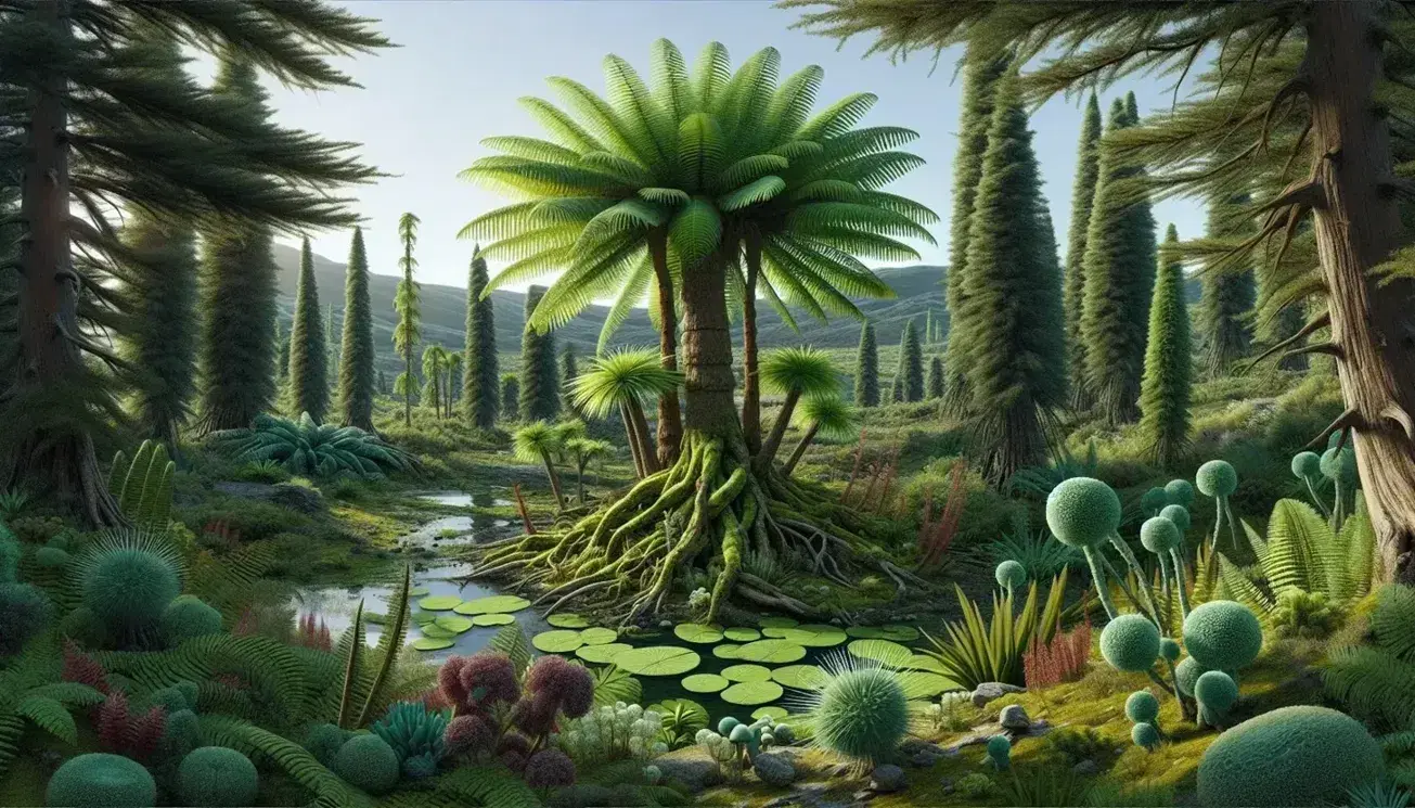 Lush Devonian landscape with Archaeopteris-like trees, early ferns, pond with algae, horsetails, club mosses, conifers, and cycads under a clear blue sky.