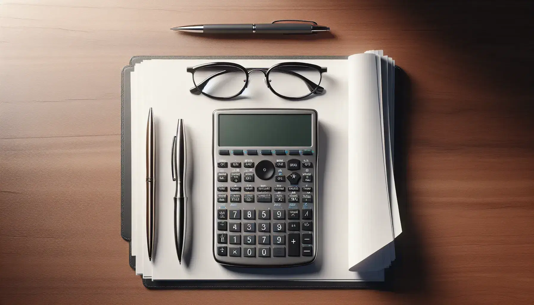 Organized office desk with graphing calculator, silver ballpoint pen, stack of white paper, and round-framed eyeglasses on mahogany surface.