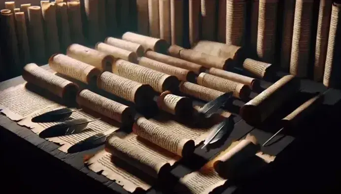 Antiguos pergaminos desenrollados sobre una mesa de madera oscura con plumas de ave dispersas, sugiriendo un entorno de escritura histórica.