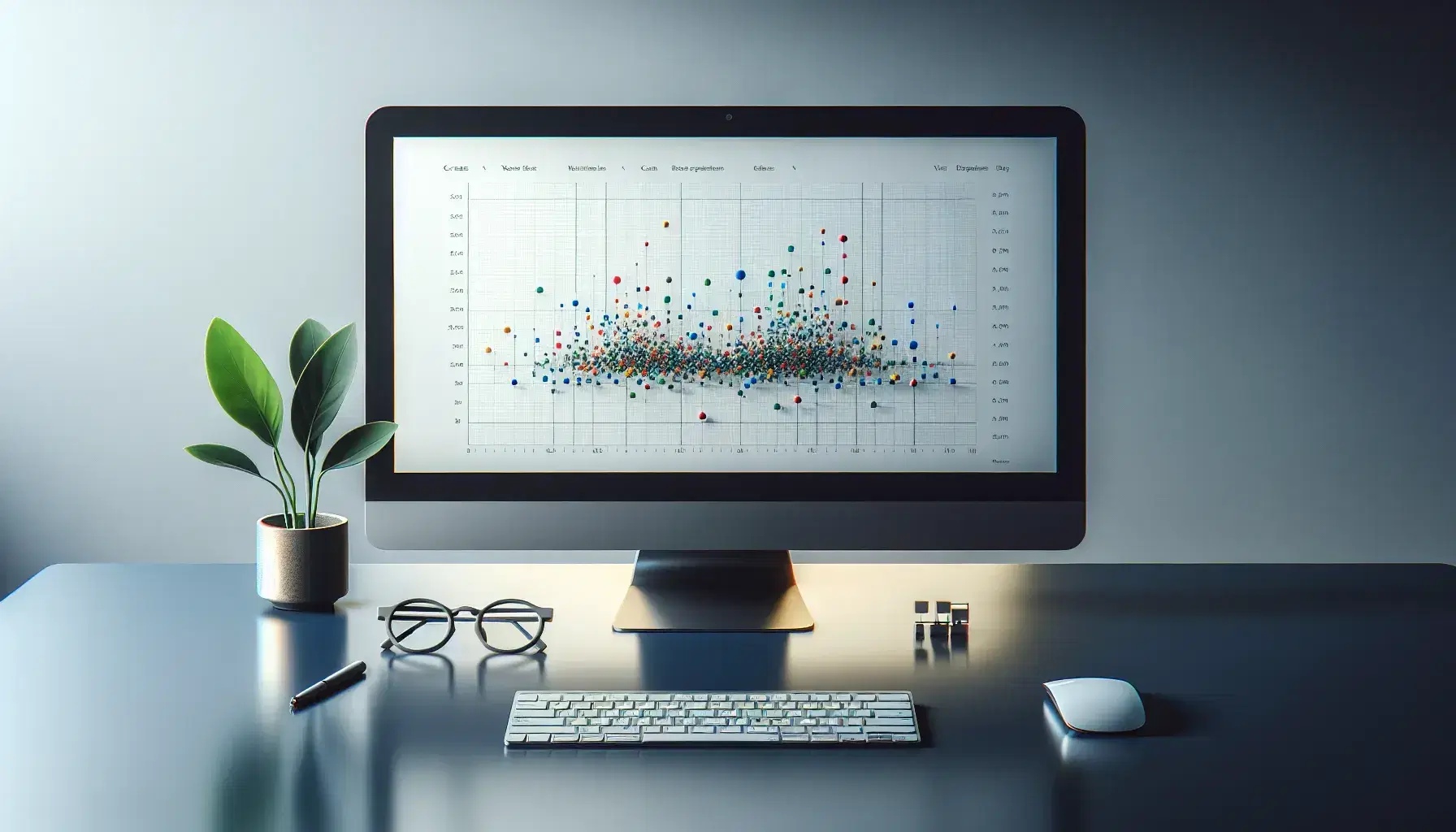 Minimalist environment with monitor showing colorful scatter plot, keyboard, mouse, plant and glasses on reflective desk.