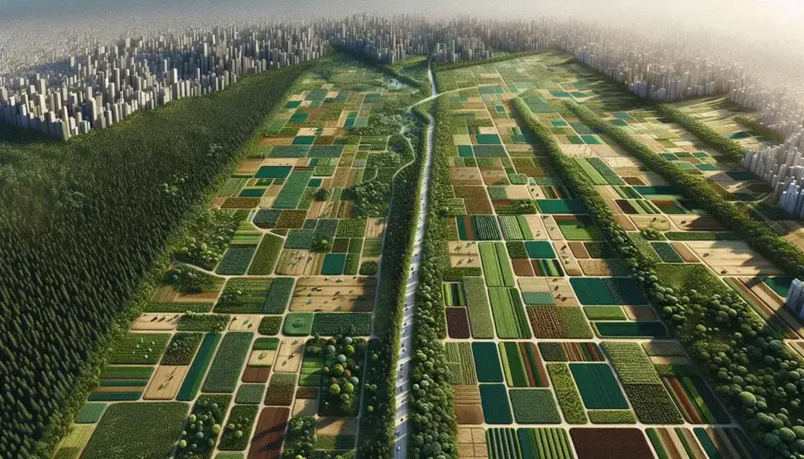 Aerial view of a varied landscape with forest, geometric agricultural fields and city with gray buildings, flanked by a blue river.