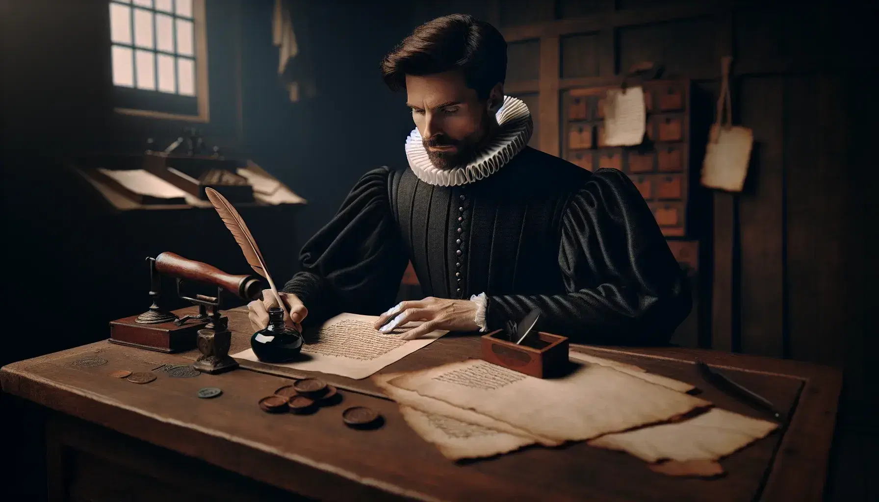 Uomo rinascimentale con barba e capelli scuri, vestito elegante, scrive con penna d'oca al tavolo in legno tra carte, inchiostro e sigillo di cera.