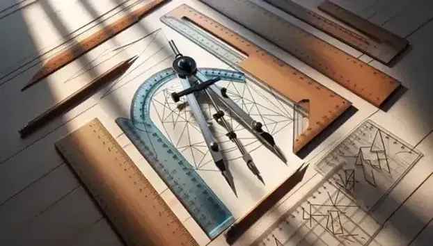Conjunto de útiles de geometría con compás metálico, reglas y transportador sobre fondo de madera y papel con triángulos dibujados.