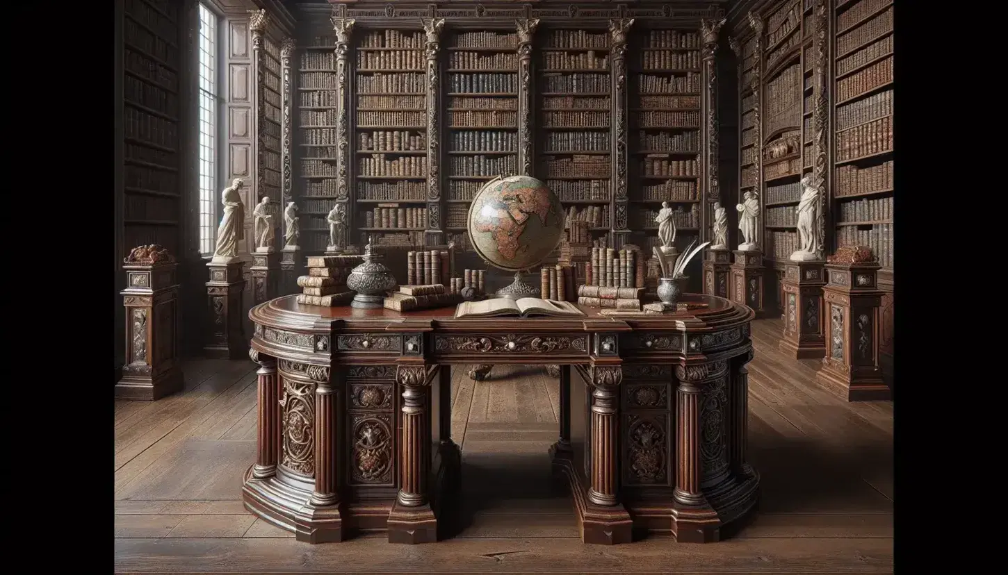 Biblioteca antica con scrivania in legno scuro, globo antico, calamaio d'argento, libri rilegati in pelle, scaffali colmi e statue marmoree.
