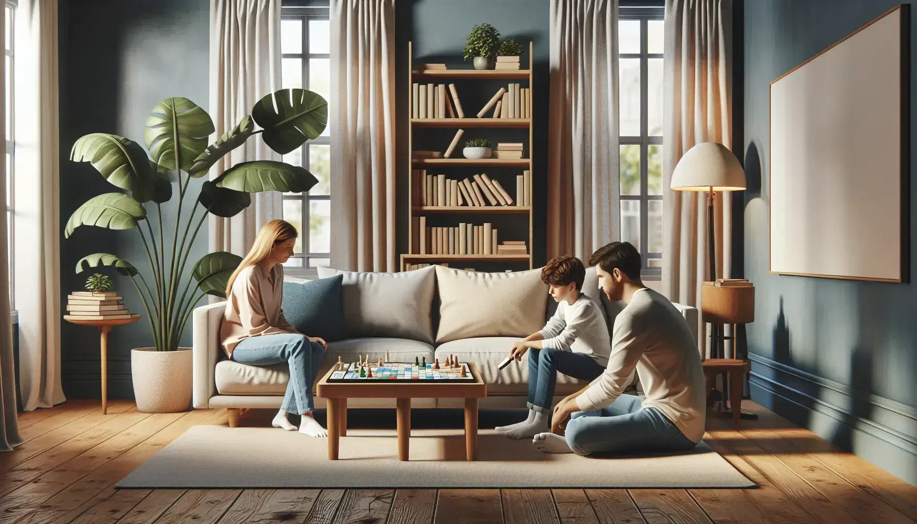 Concentrated family playing colorful board game in living room with beige sofa, bookcase and plant, natural light from window.