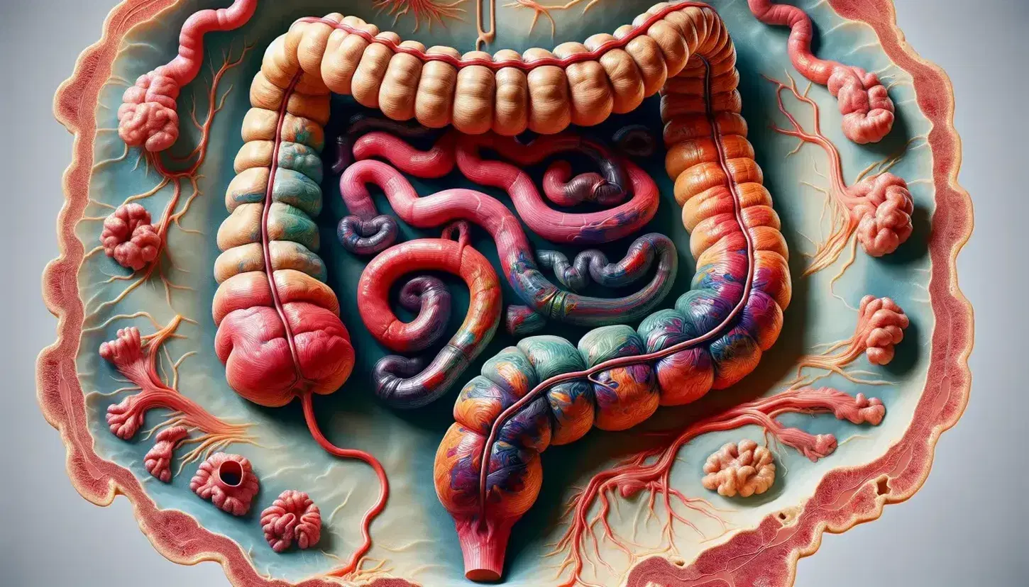 Intestino crasso umano con cieco, appendice vermiforme, colon ascendente, trasverso, discendente e sigma, senza testo o simboli.