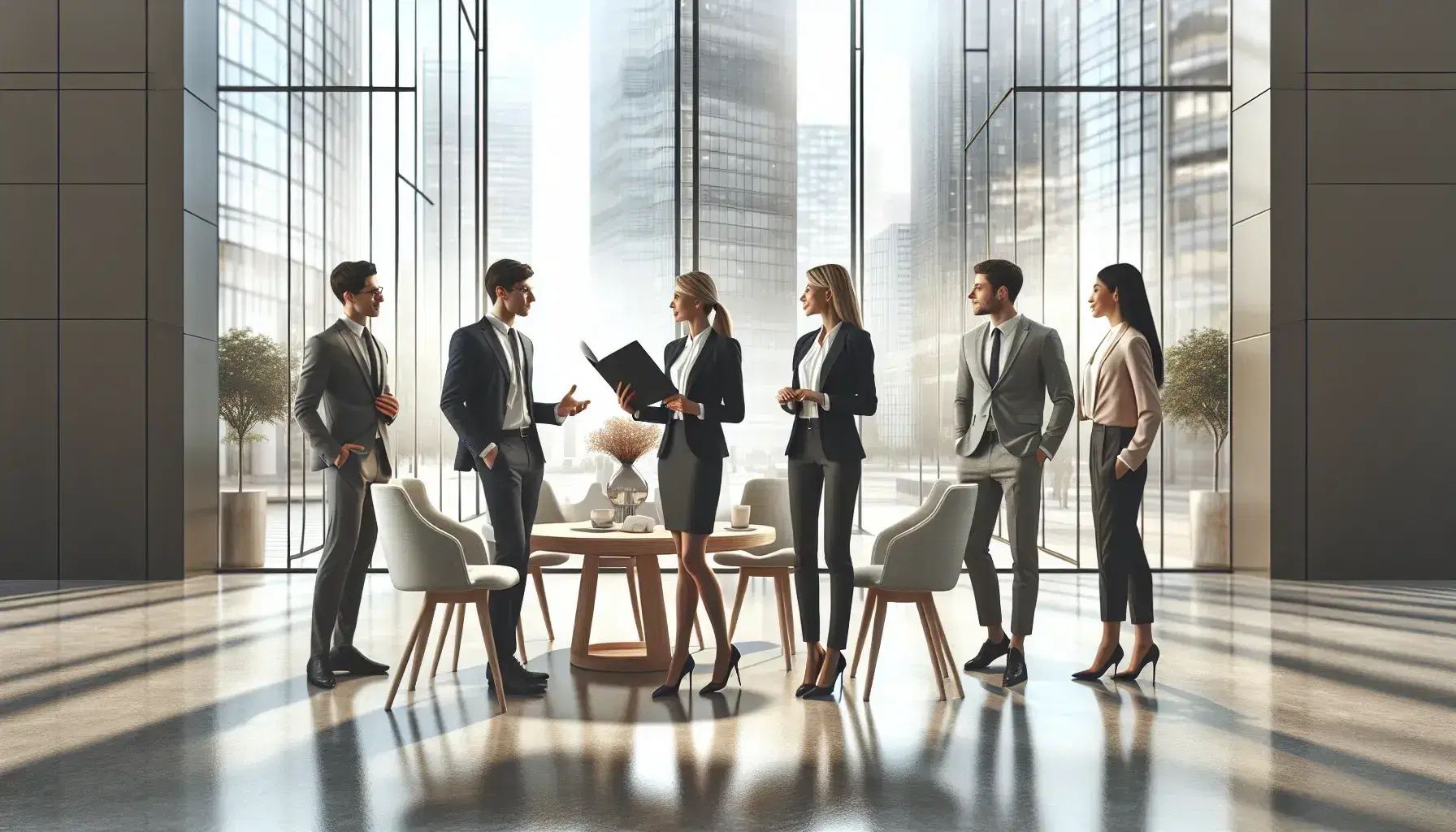 Grupo de profesionales conversando en el vestíbulo de un edificio moderno con ventanales y mobiliario contemporáneo.