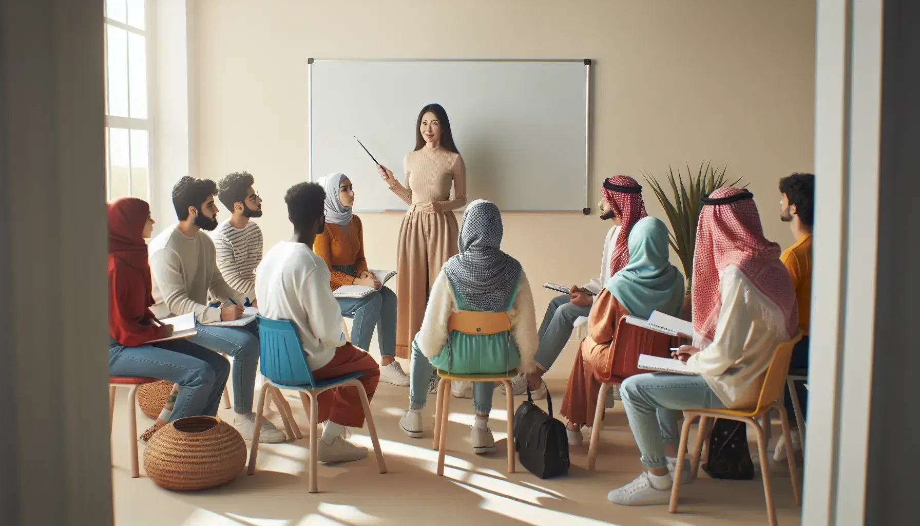 Asian female teacher explaining to diverse students in a Spanish class, with notebooks ready, surrounded by plants in a well-lit room.