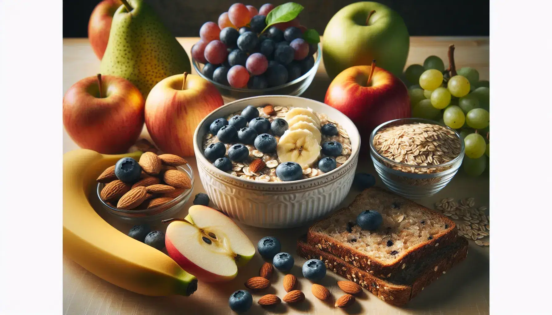 Desayuno saludable con avena cocida, plátano, arándanos, pan integral, almendras, manzana roja, pera verde y uvas sobre superficie de madera.