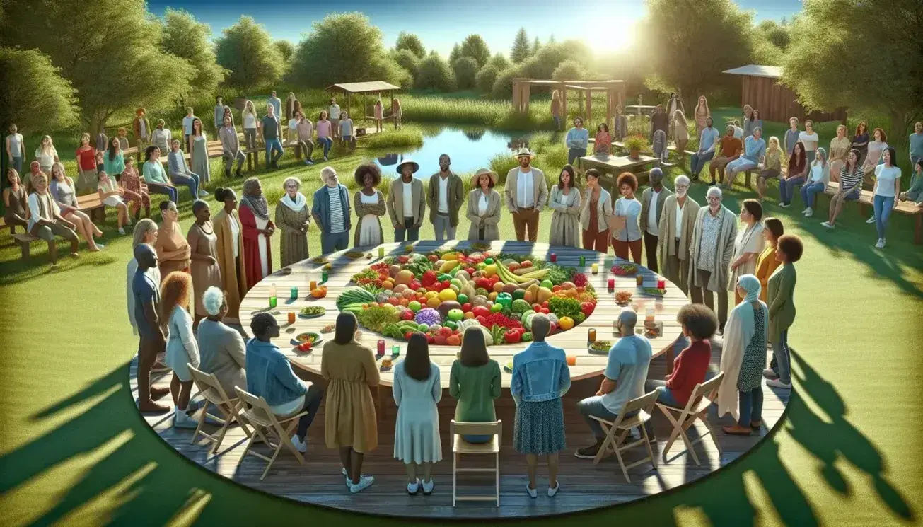 Grupo diverso de personas disfrutando de un picnic saludable con frutas y verduras en un parque soleado, reflejando bienestar y diversidad.