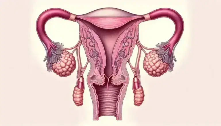 Ilustración detallada del sistema reproductor femenino con útero, trompas de Falopio, ovarios, vagina, clítoris y bulbos vestibulares en vista frontal.