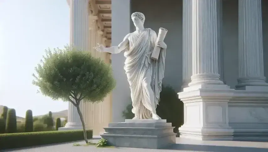 Estatua de mármol blanco de jurista romano con toga y papiro, sobre pedestal de piedra, frente a columnas corintias en un día soleado.