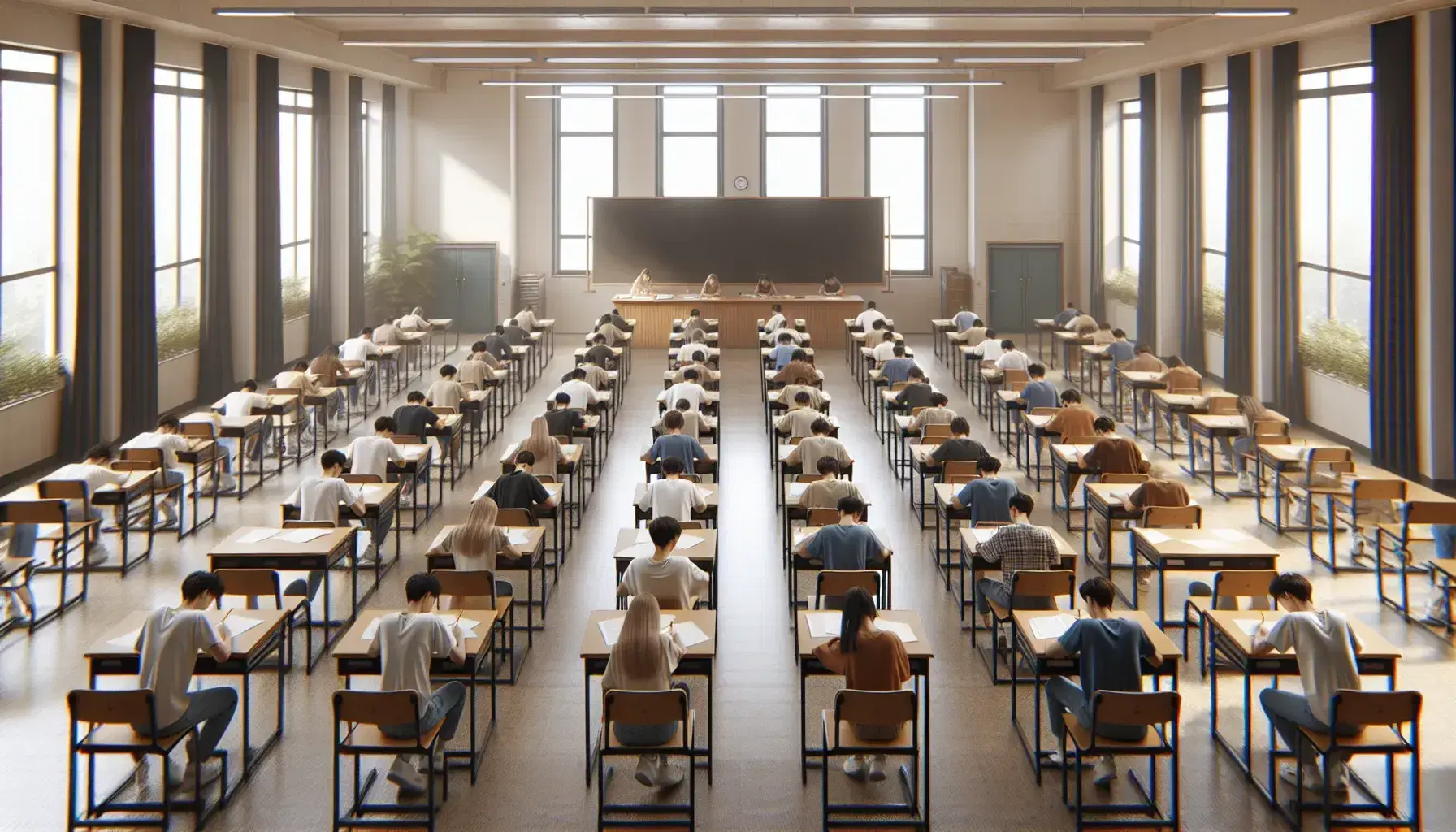 Studenti concentrati durante un esame seduti in aula scolastica luminosa con banchi in fila e lavagna vuota.