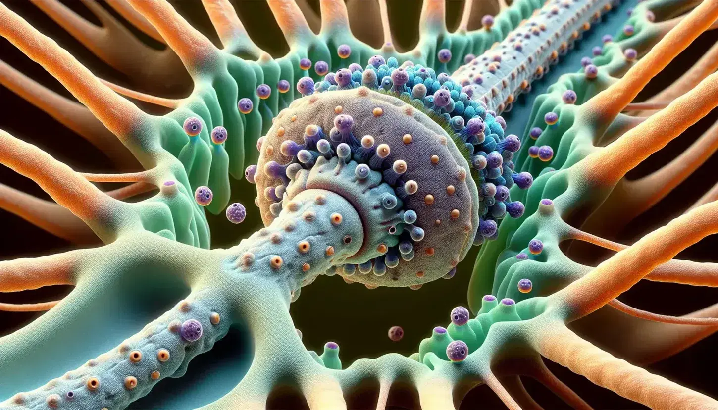 Detailed illustration of a neural synapse with neurotransmitter-filled axon terminal facing a dendrite with receptor sites across the synaptic cleft.