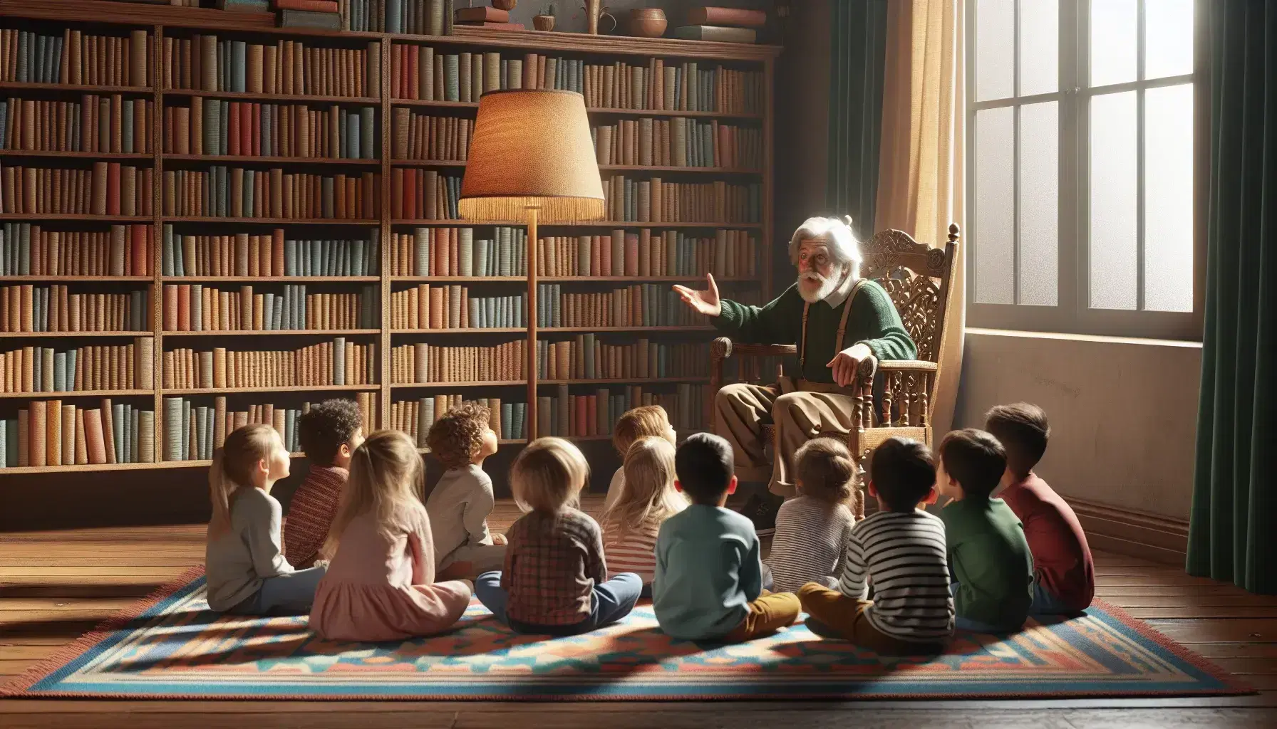 Anciano contando historias a niños atentos en una sala acogedora con estantería de libros y alfombra geométrica.