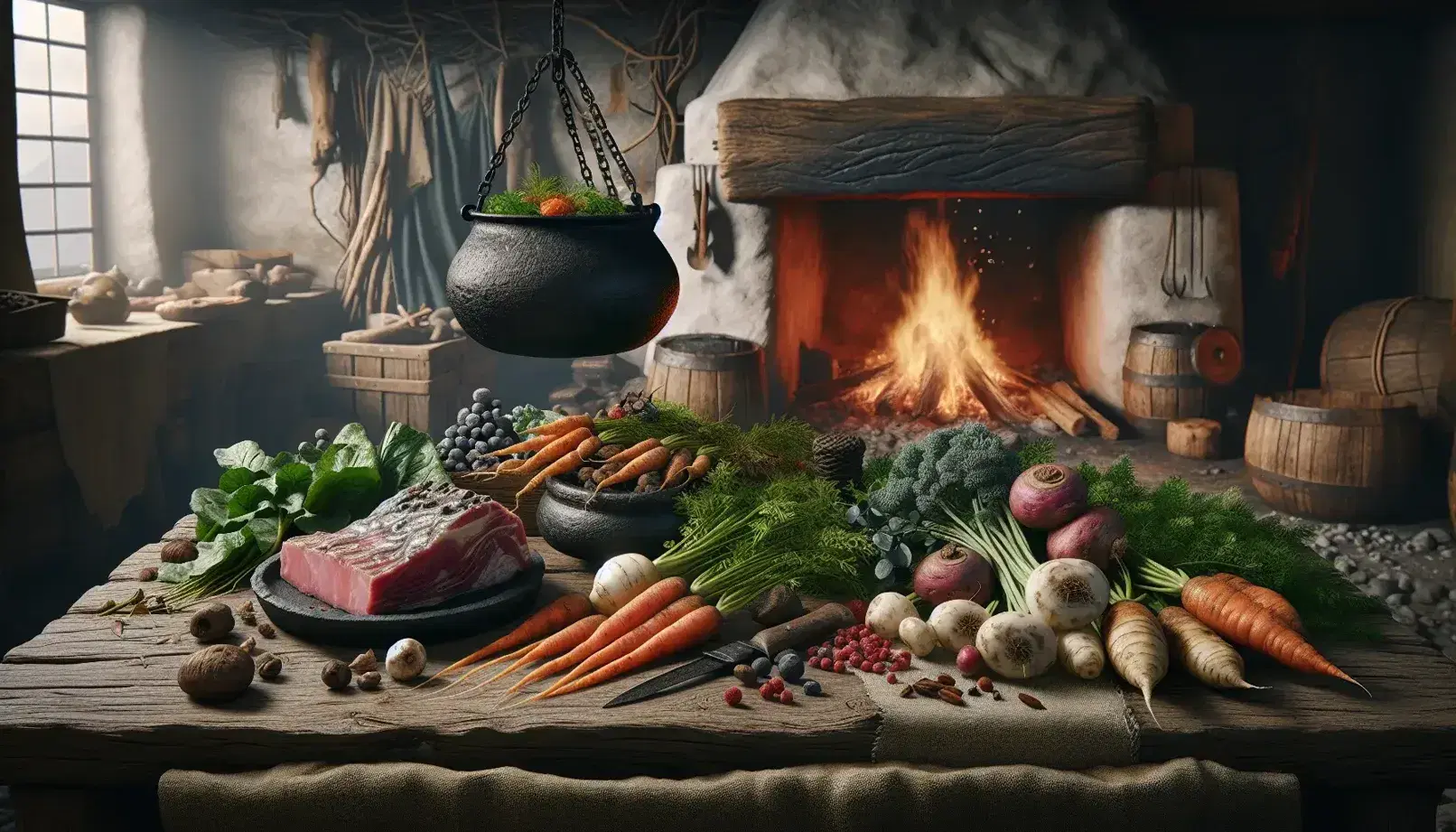 Rustic Viking kitchen with a wooden table laden with root vegetables, berries, and salted meat, a hearth with a cauldron, and a spit-roasting lamb, attended by two cooks.