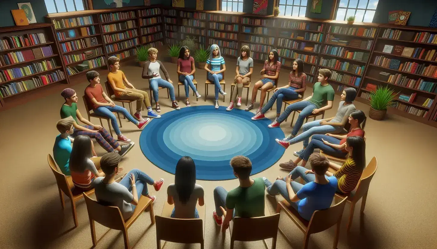 Studenti adolescenti dialogano seduti in cerchio su sedie colorate in una biblioteca, con scaffali di libri e luce naturale.