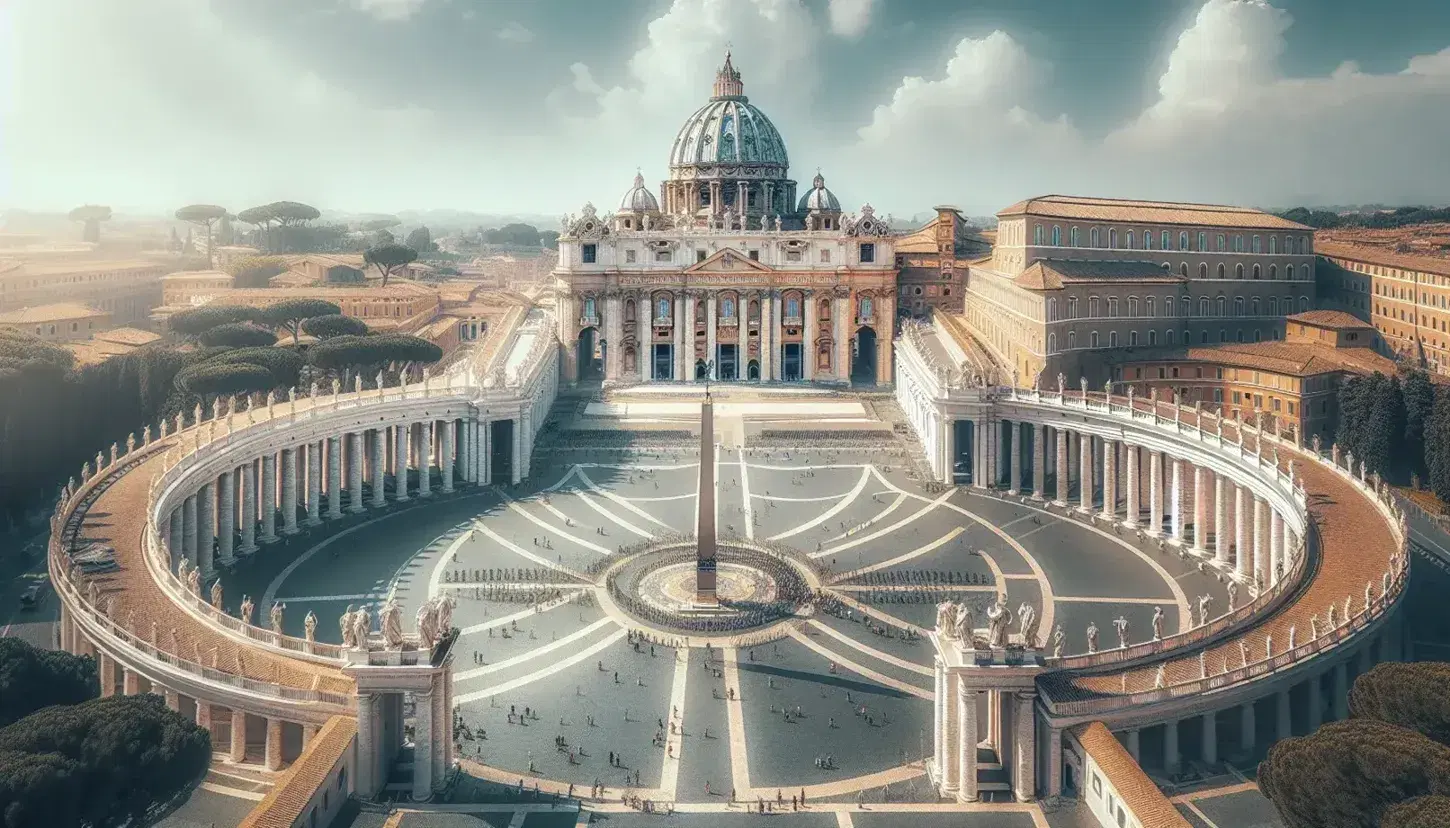 Vista panorámica de la Plaza de San Pedro en el Vaticano con la Basílica y obelisco egipcio en un día soleado y cielo despejado.