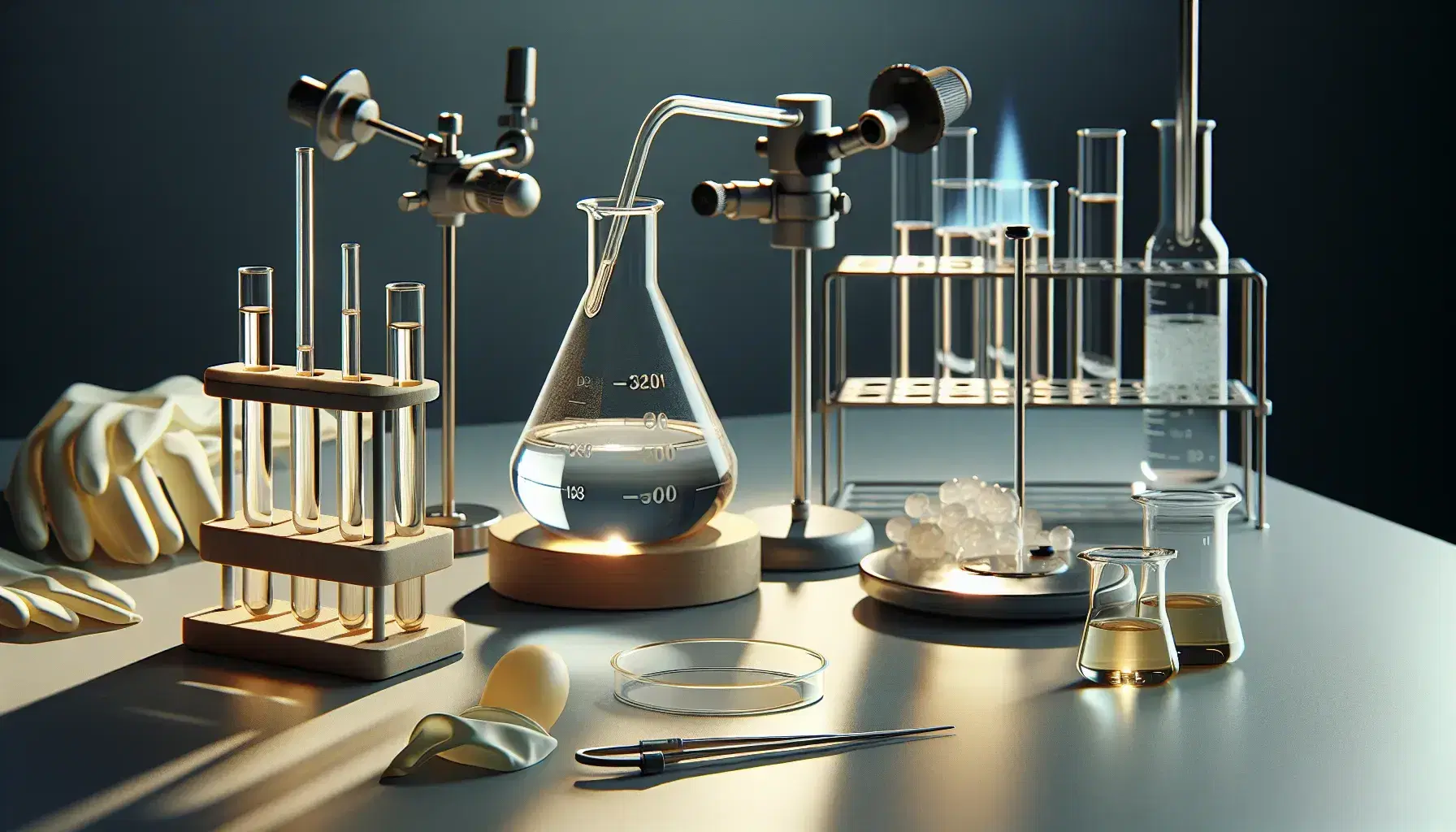 Laboratorio químico con matraz Erlenmeyer y líquido incoloro, tubo de ensayo con líquido amarillo pálido, pipeta y mechero Bunsen.