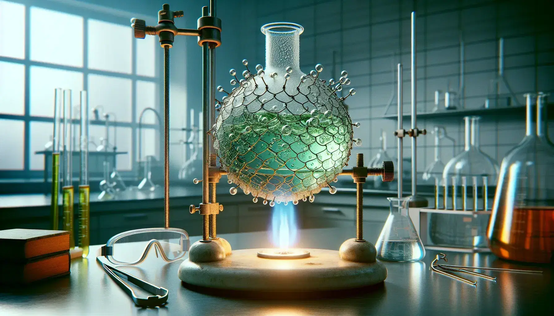 Laboratory with round flask on ceramic tripod and wire mesh, containing boiling green-yellow substance, next to safety glasses and tongs.