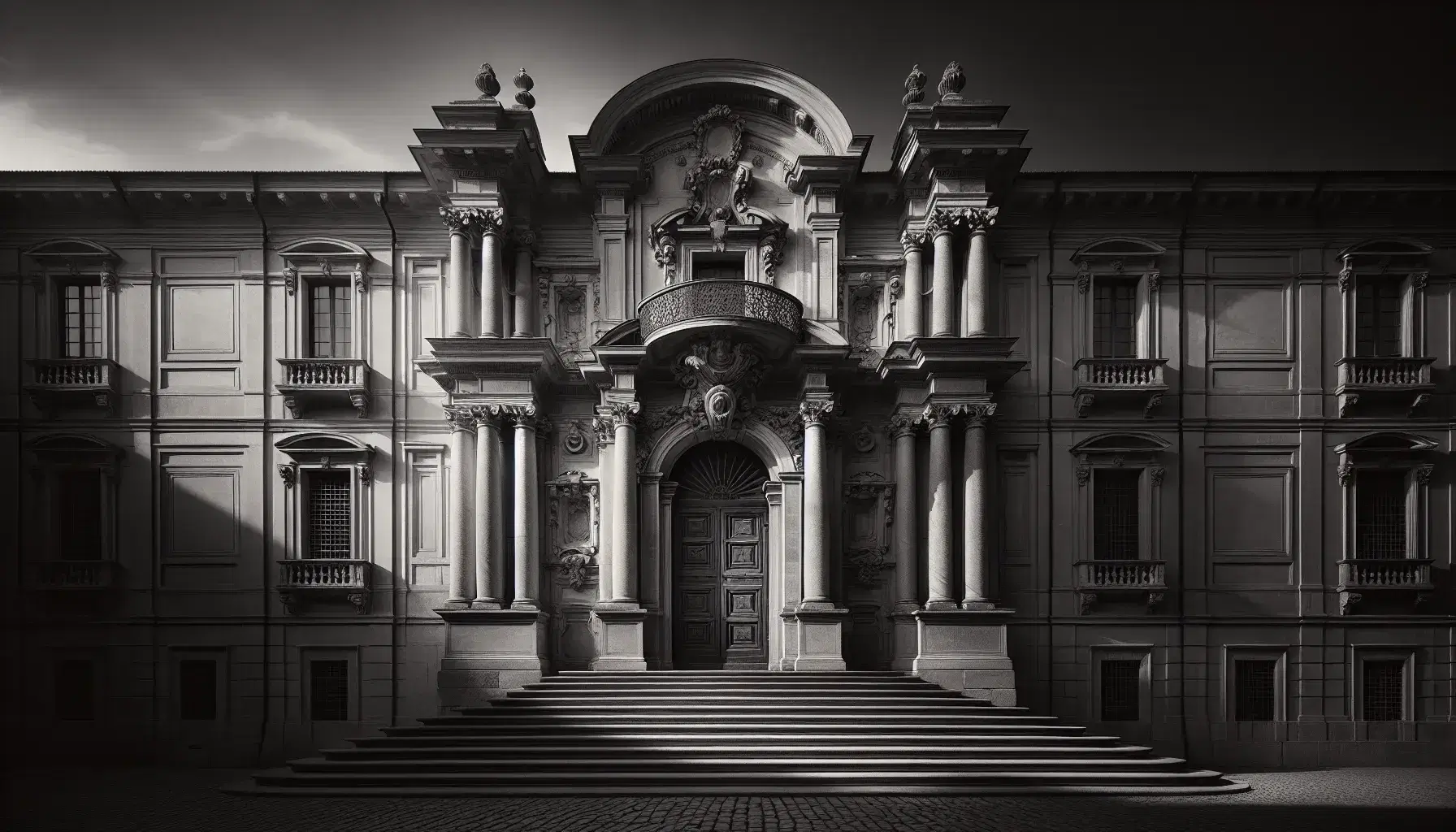 Facciata barocca del Palazzo Carignano a Torino con gradini in pietra, porte in legno, colonne ioniche e balcone con balaustra in ferro battuto.