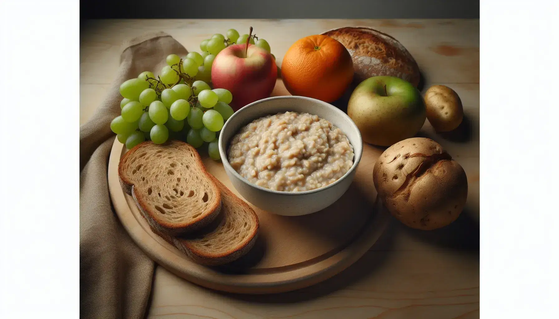 Desayuno saludable con avena cocida en bol blanco, rebanada de pan integral, uvas verdes, manzana roja, naranja y papas marrones sobre superficie de madera clara.