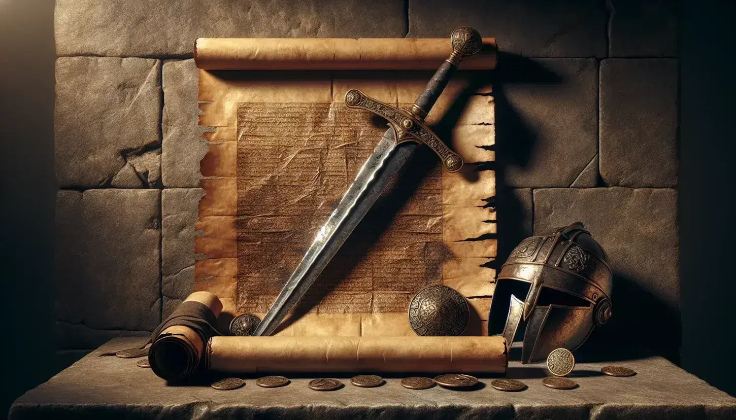 Pergamena antica su sfondo pietra con spada forgiata e elmo decorativo in bronzo accanto a monete d'oro.
