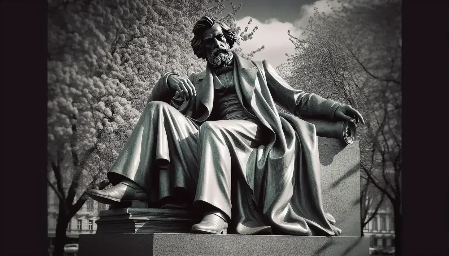 Statua in bronzo di filosofo ed economista del XIX secolo su piedistallo di pietra grigia in parco, con abito lungo e mano destra al petto.