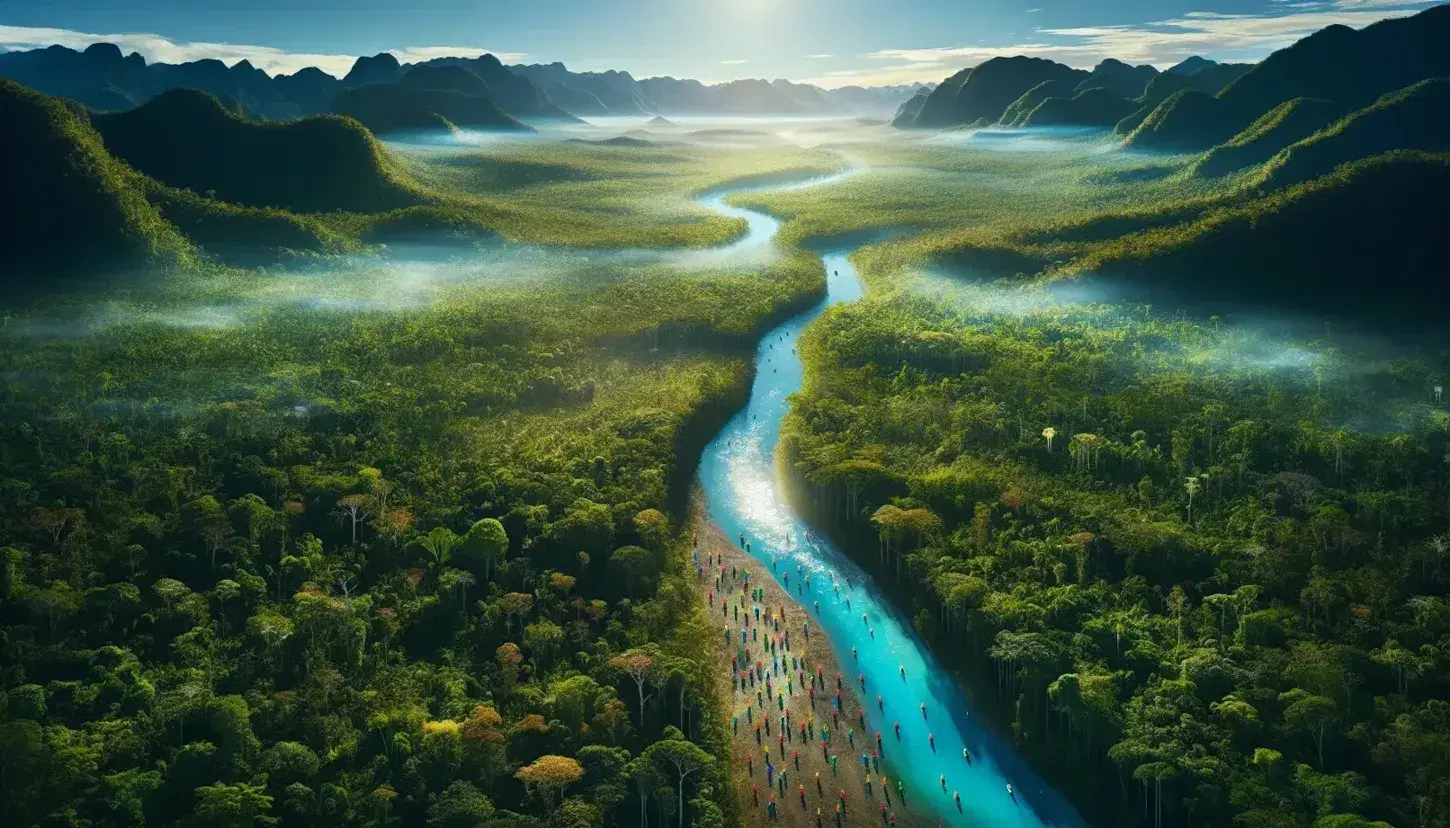 Vista aérea de un bosque frondoso con río serpenteante y montañas al fondo, y un grupo de personas reforestando en una esquina.