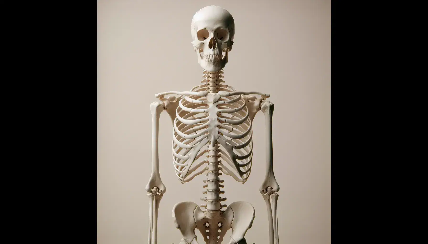 Scheletro umano completo in posizione eretta con dettagli di cranio, colonna vertebrale, costole e articolazioni visibili su sfondo chiaro.