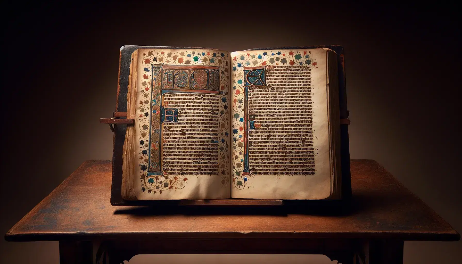 Manoscritto medievale inglese illuminato su leggio in legno, con iniziale decorata e miniature colorate su pagine avorio invecchiate.