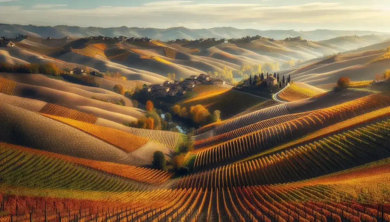 Vista panoramica autunnale delle colline delle Langhe in Piemonte con filari di viti, tetti terracotta e cielo azzurro.