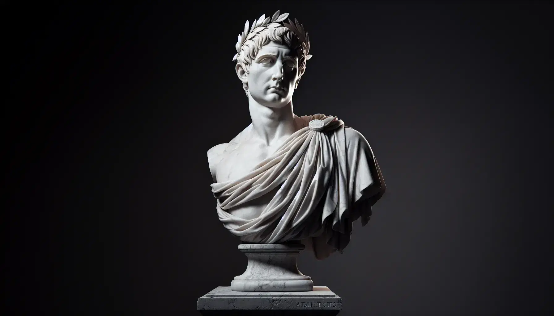 Statua in marmo bianco di generale romano con toga e corona d'alloro su piedistallo grigio, in ambiente esterno sfocato.