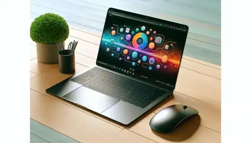 Modern black laptop with colorful shopping interface on screen, silver wireless mouse, blue-cased smartphone, and white potted plant on wooden desk, with muted-tone shopping bags in background.