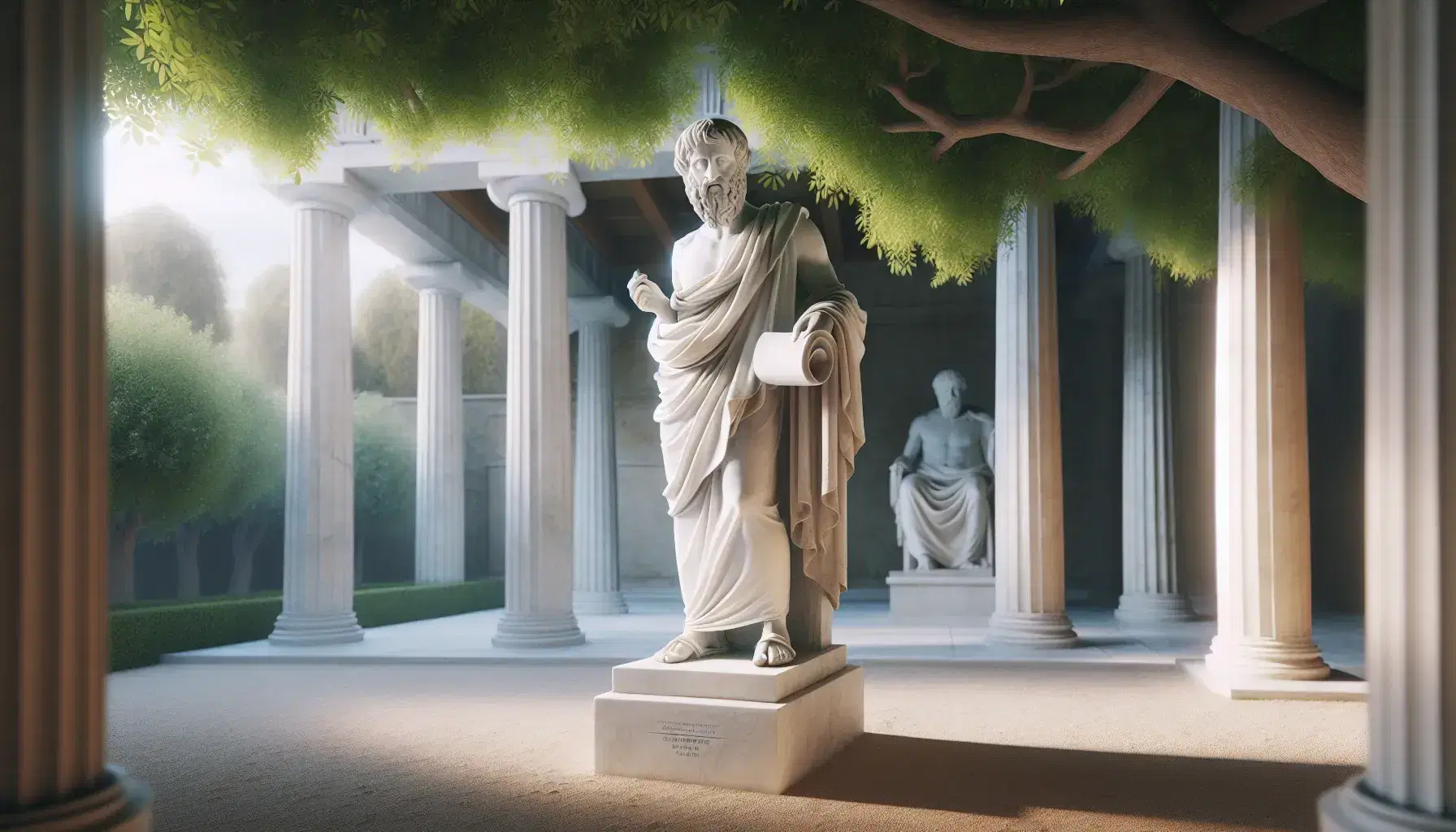 Estatua de mármol blanco de Platón con túnica, sosteniendo un papiro y con la mano derecha alzada, frente a columnas dóricas y vegetación en un entorno que evoca una academia antigua.