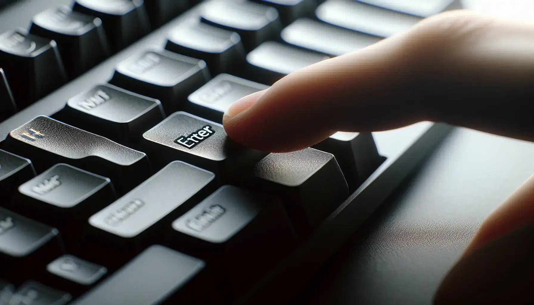 Close-up of a computer keyboard with a prominent Enter key pressed by a human finger, blurred background and soft lighting.