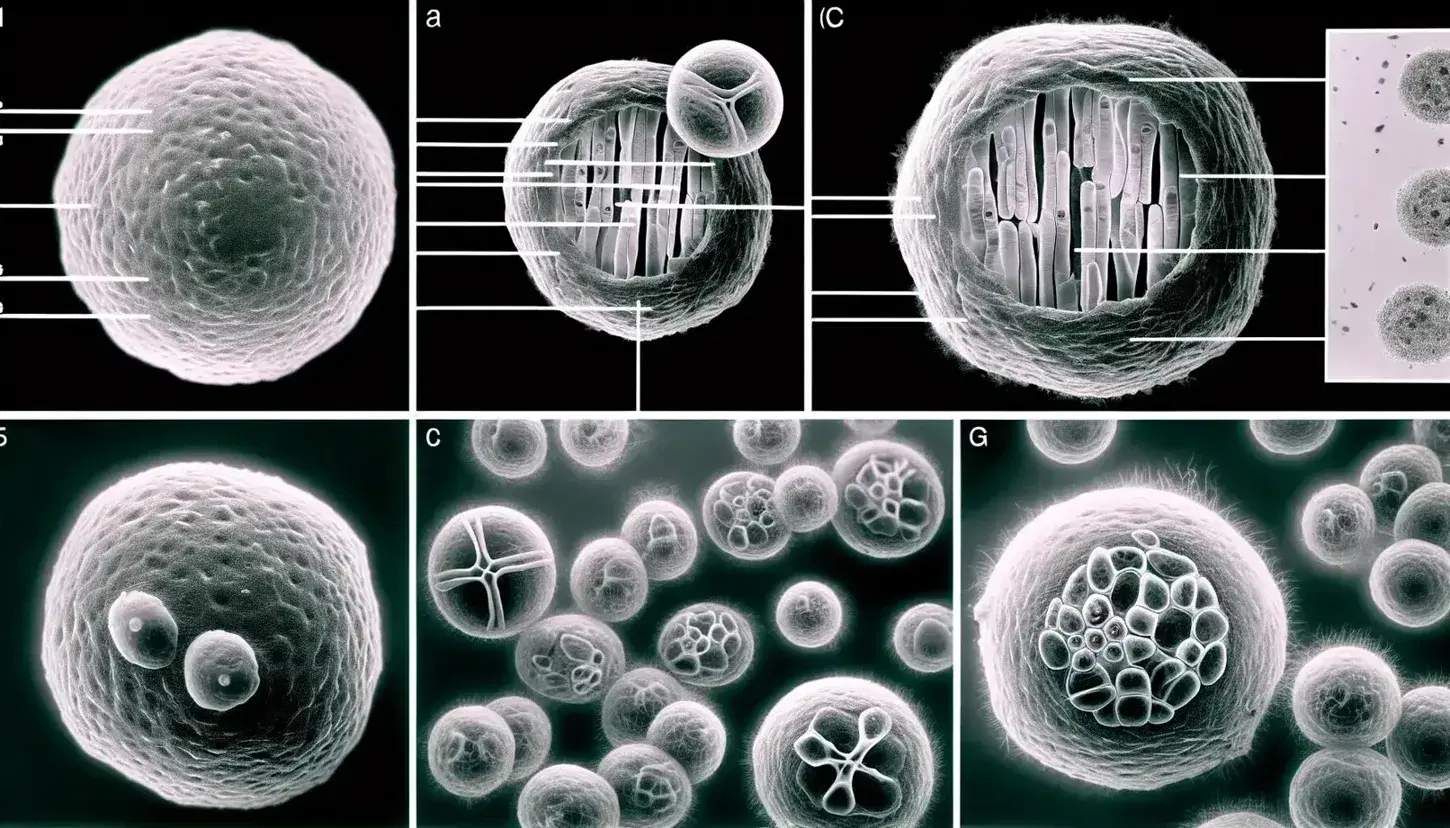 Células en diferentes etapas de división celular bajo microscopio óptico, destacando núcleo en interfase y cromosomas en mitosis, metafase y anafase.