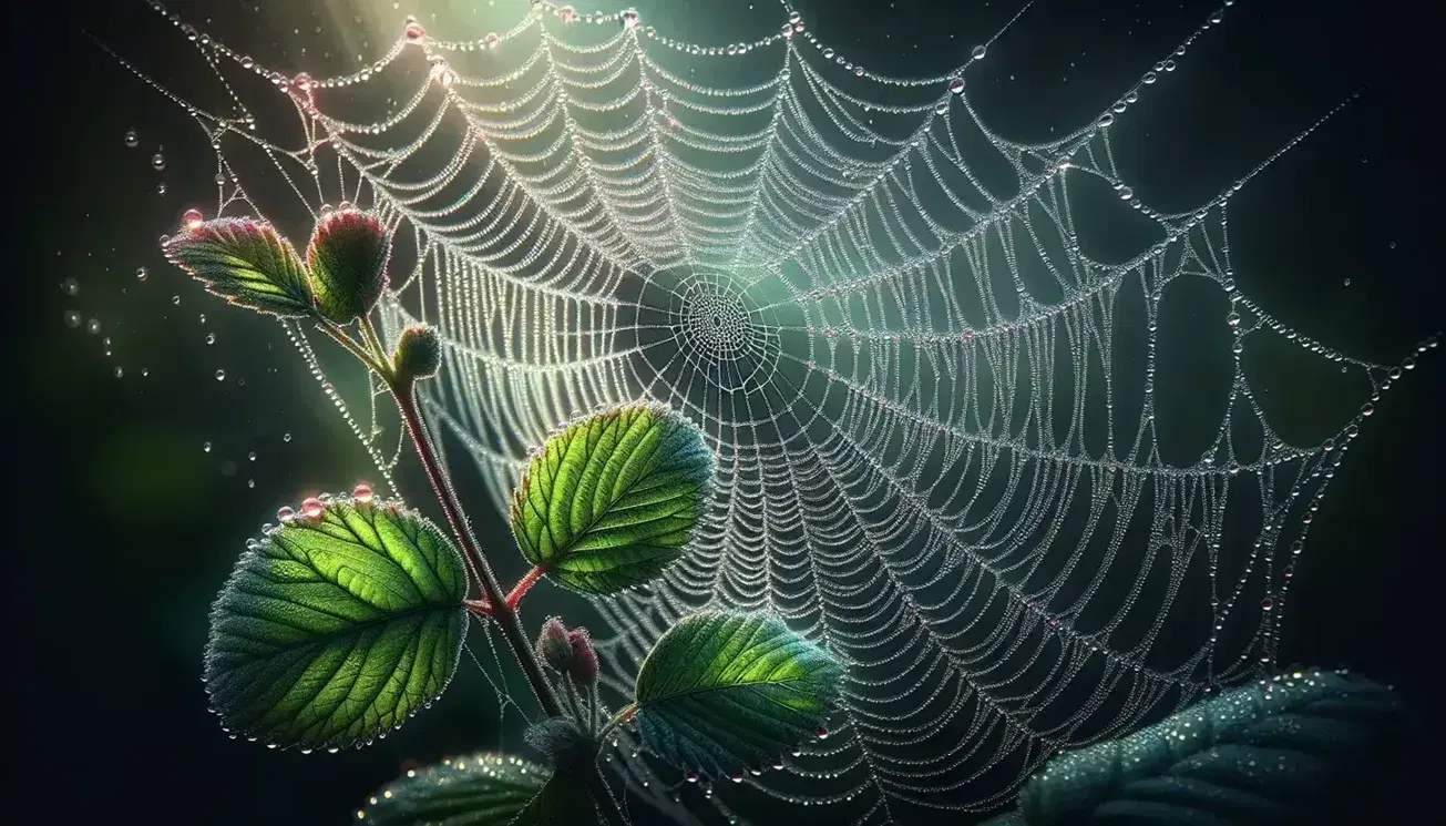 Close-up view of a dew-covered spider web between vibrant green leaves, with water droplets refracting light into tiny rainbows.