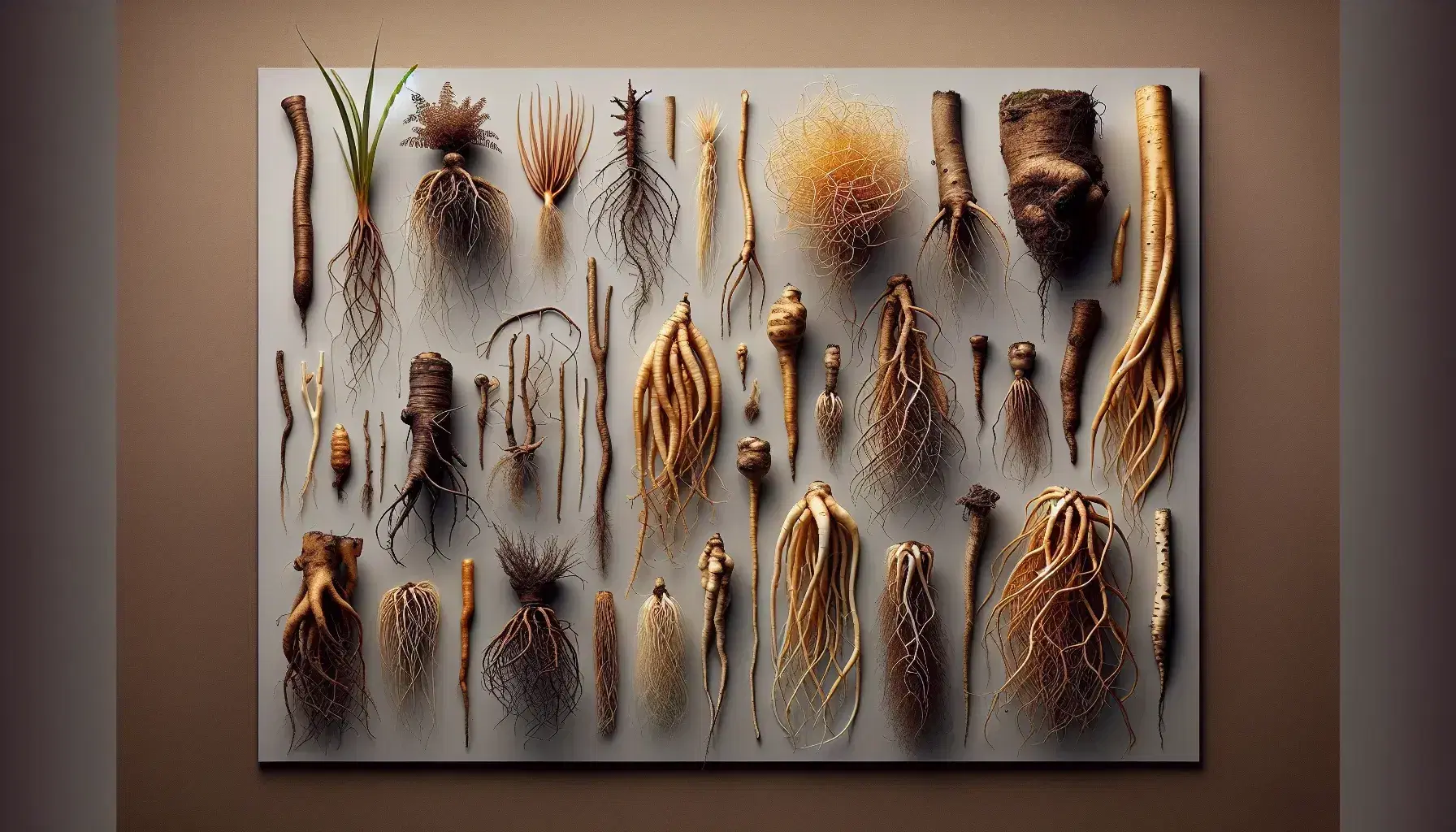 Radici di diverse specie vegetali con varie forme e dimensioni, dai colori marrone chiaro a scuro, su sfondo neutro.